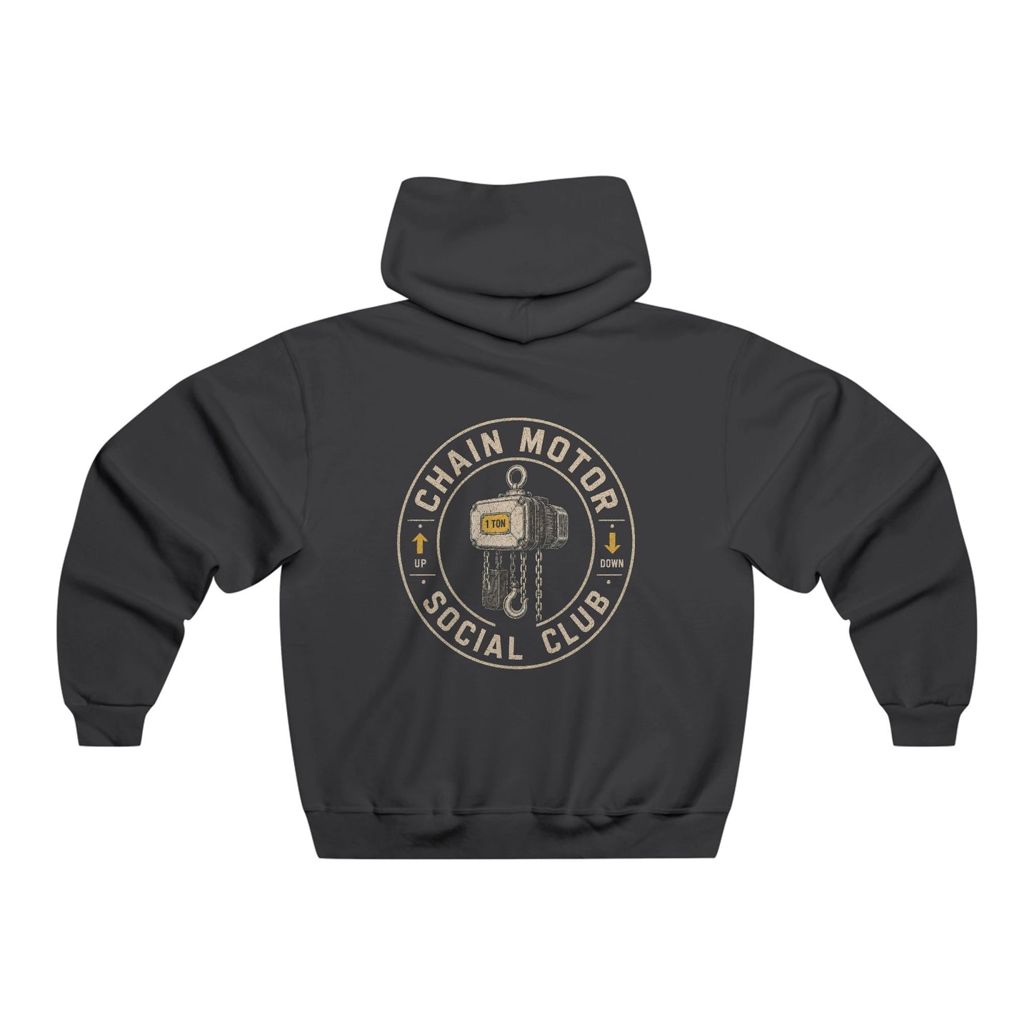 Back of a black Chain Motor Social Club hoodie with a large circular chain motor graphic.
