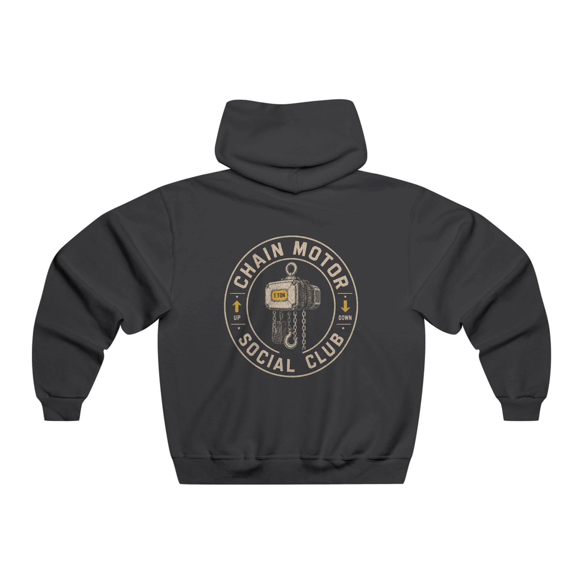 Back of a black Chain Motor Social Club hoodie with a large circular chain motor graphic.