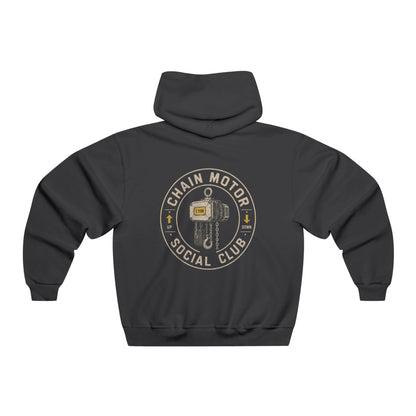 Back of a black Chain Motor Social Club hoodie with a large circular chain motor graphic.