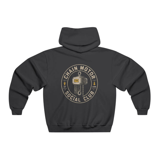 Back of a black Chain Motor Social Club hoodie with a large circular chain motor graphic.