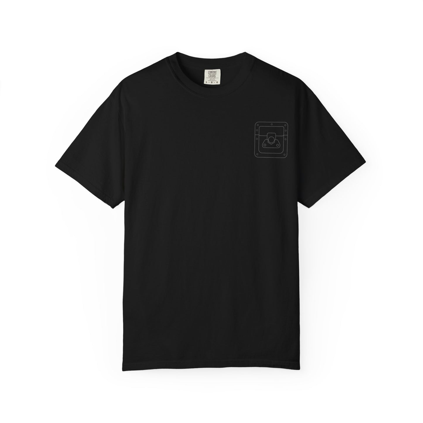 Front of a black Latched T-shirt with a dark tone-on-tone butterfly latch on the left chest.