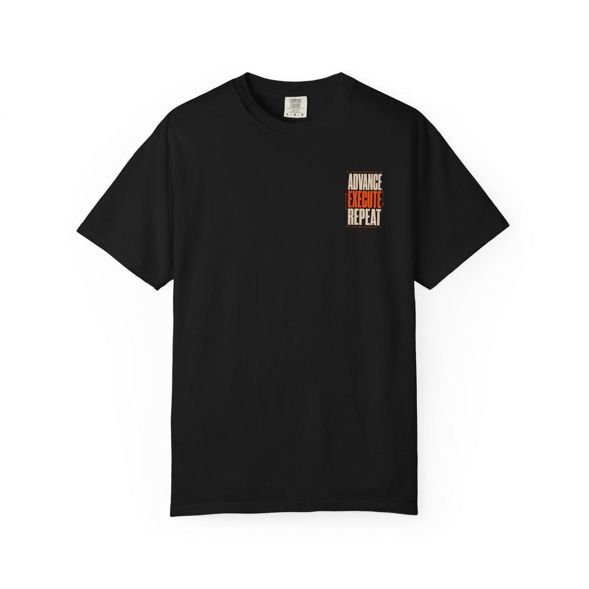 Front of a black Advance Execute Repeat T-shirt with a small cream-and-orange chest graphic.