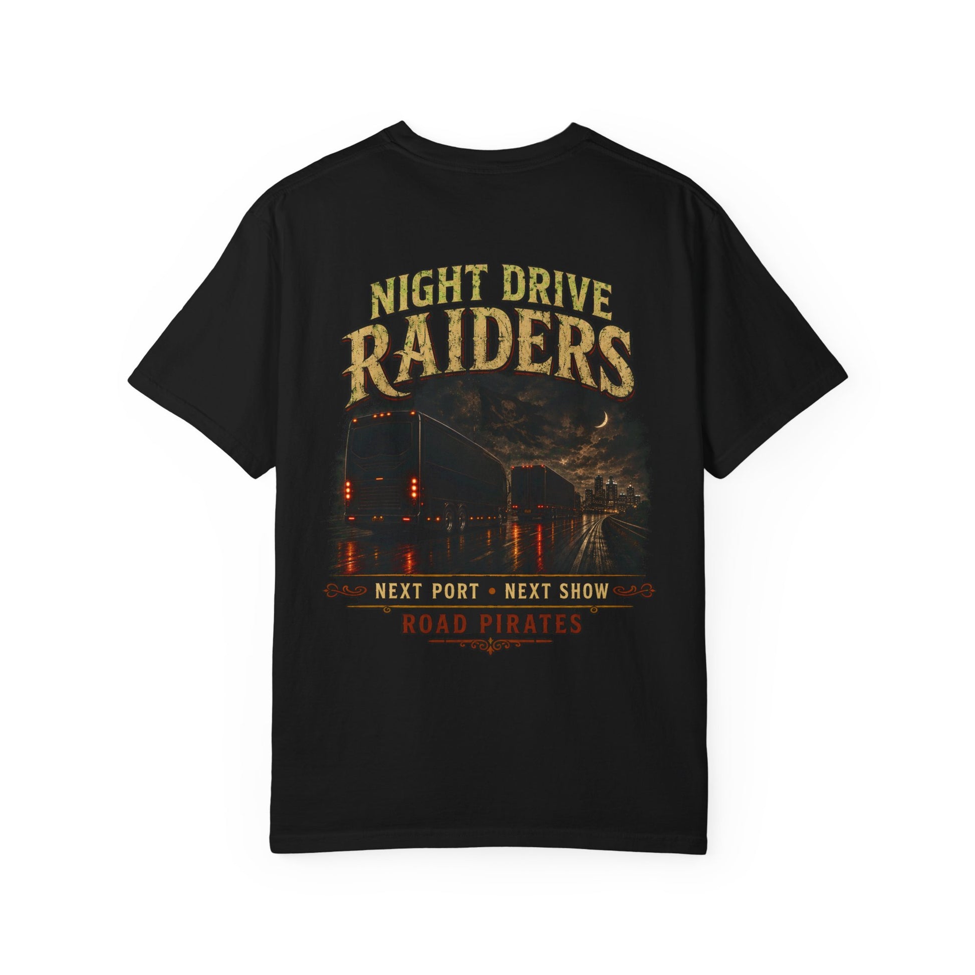 Back of a black Night Drive Raiders T-shirt with a large graphic of touring trucks on wet roads at night and Road Pirates lettering.