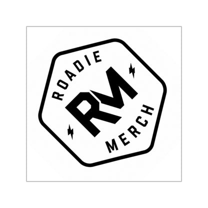 Black-and-white Roadie Merch RM logo printed on a square 2-inch vinyl sticker.