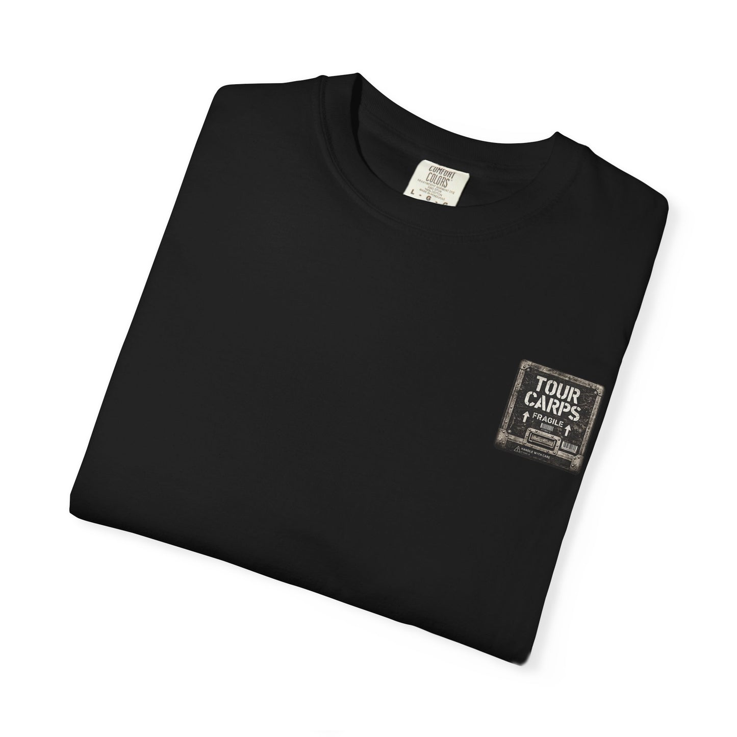 Folded black Tour Carps T-shirt showing the Tour Carps Fragile chest graphic.