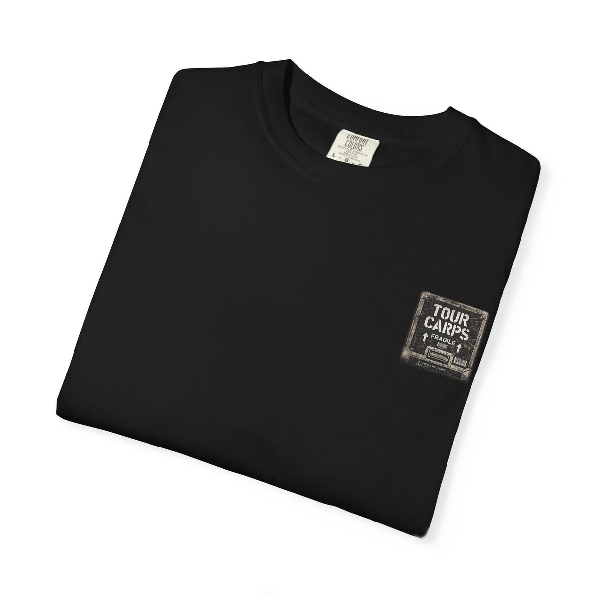 Folded black Tour Carps T-shirt showing the Tour Carps Fragile chest graphic.