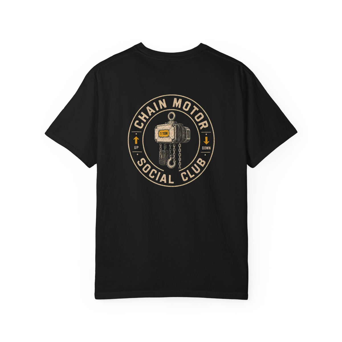 Back of a black Chain Motor Social Club T-shirt with a large circular chain motor graphic.