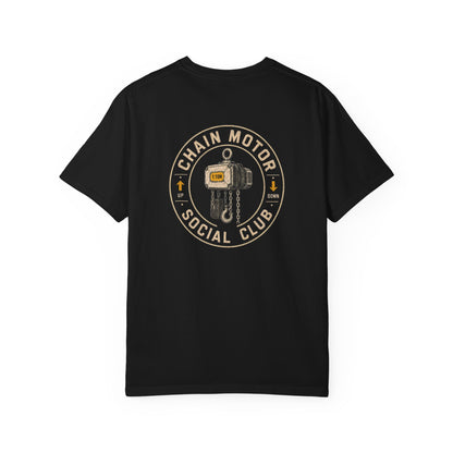 Back of a black Chain Motor Social Club T-shirt with a large circular chain motor graphic.