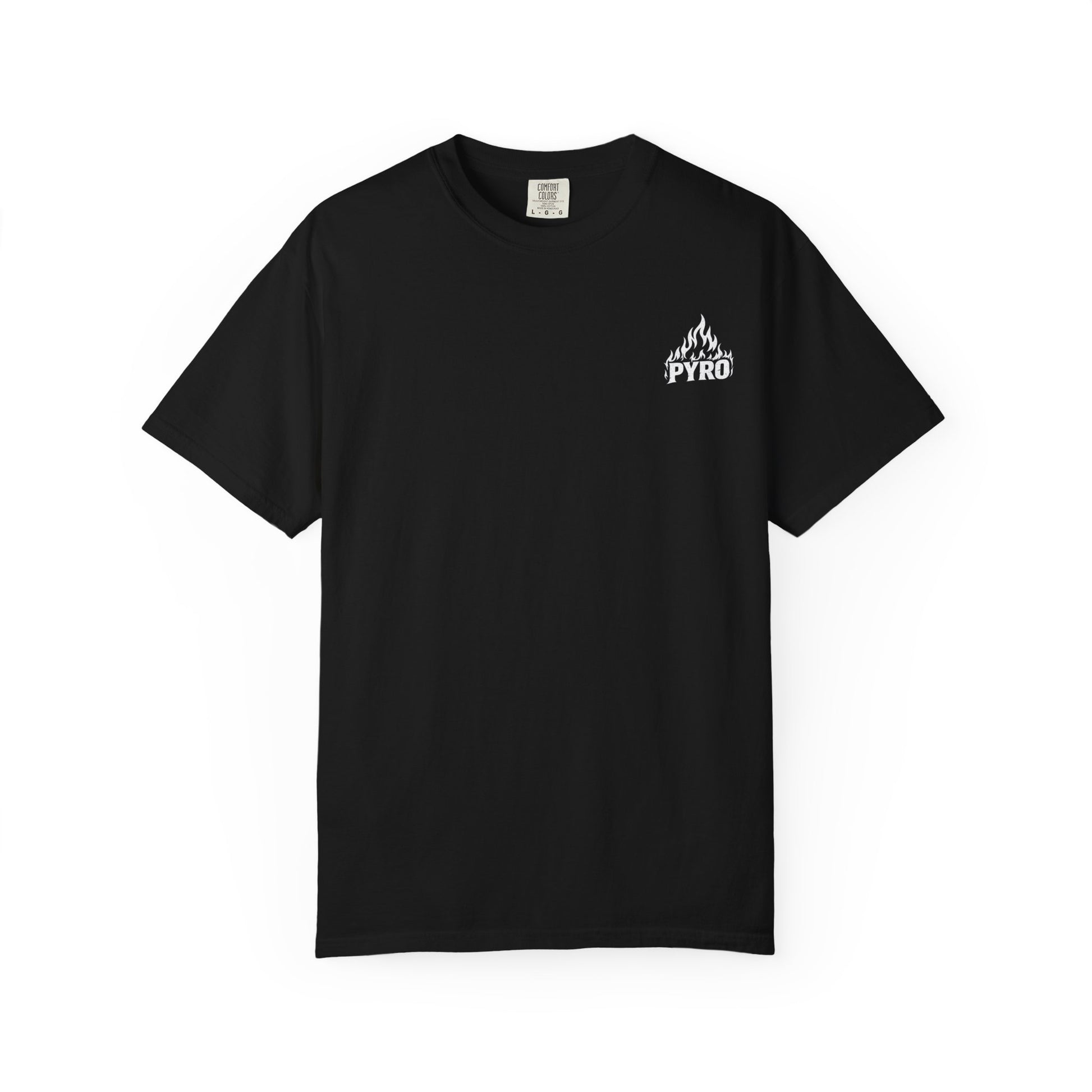 Front of a black Pyro Skull T-shirt with a small white PYRO flame mark on the left chest.